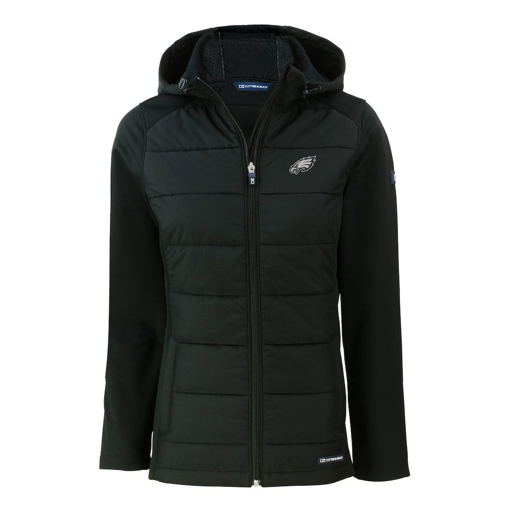 Philadelphia Eagles Cutter & Buck Women's Evoke Hybrid Eco Softshell Recycled Full-Zip Hoodie Jacket Black | NFL