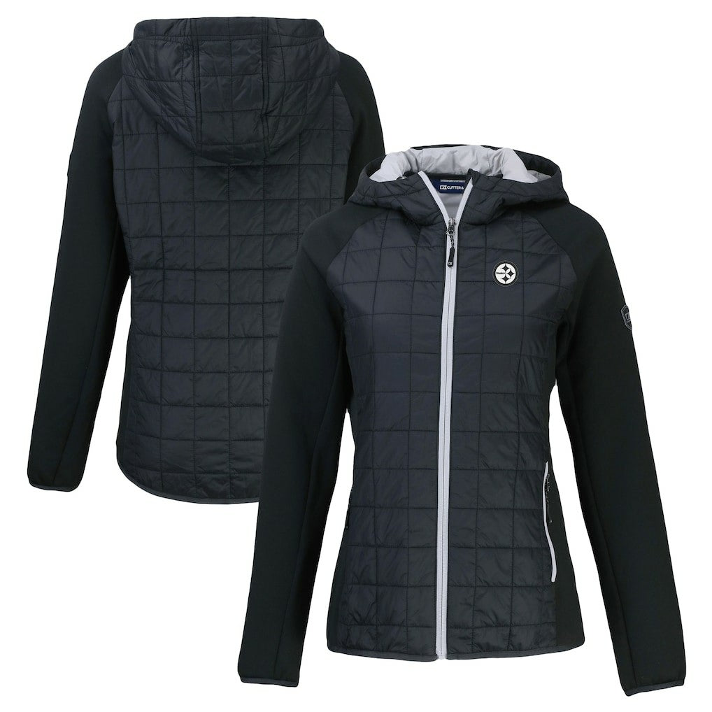 Pittsburgh Steelers Cutter & Buck Women's Rainier PrimaLoft Eco Hybrid Full-Zip Hoodie Jacket Black | NFL