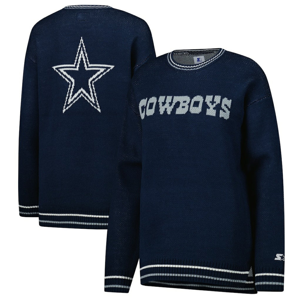 Dallas Cowboys Starter Women's Oversized On the Ball Intarsia Knit Pullover Sweater Navy | NFL