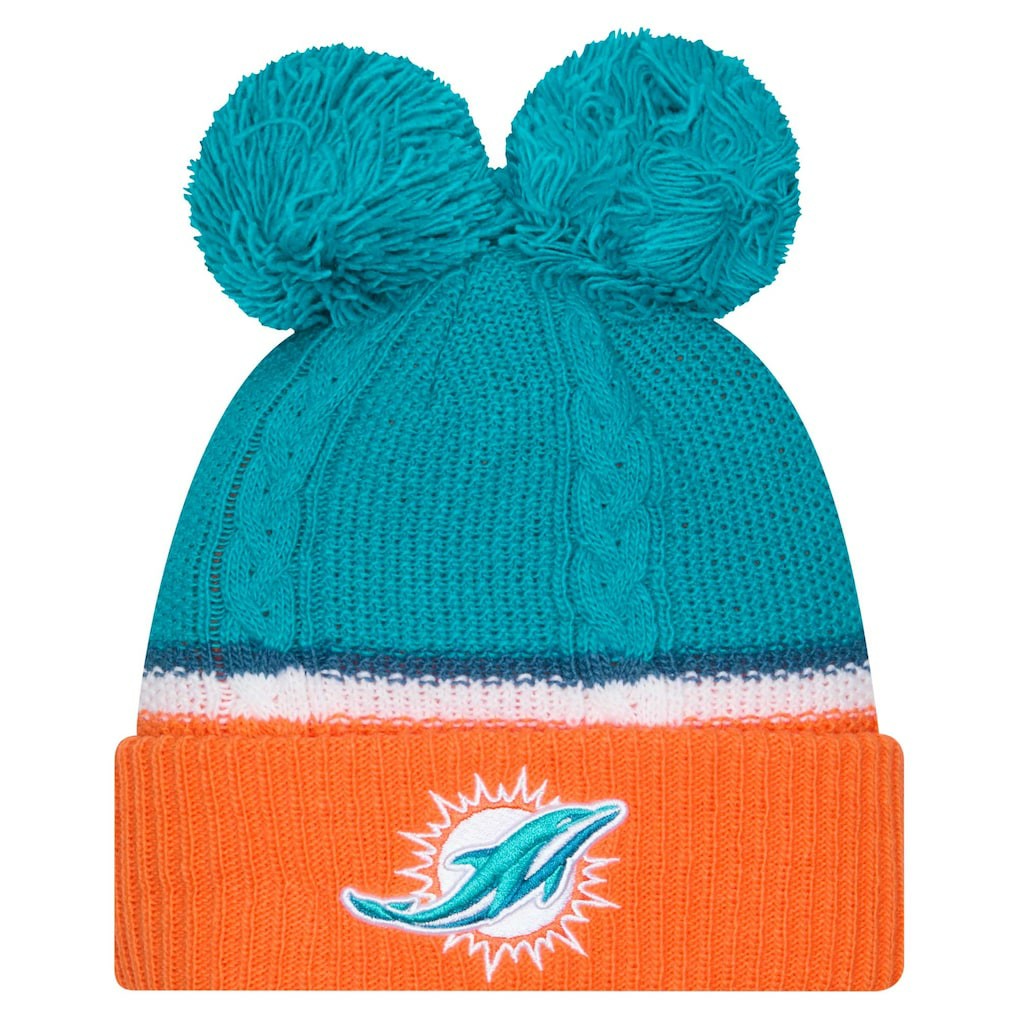 Miami Dolphins New Era Women's Double Bubble Cuffed Knit Hat with Poms Aqua | NFL