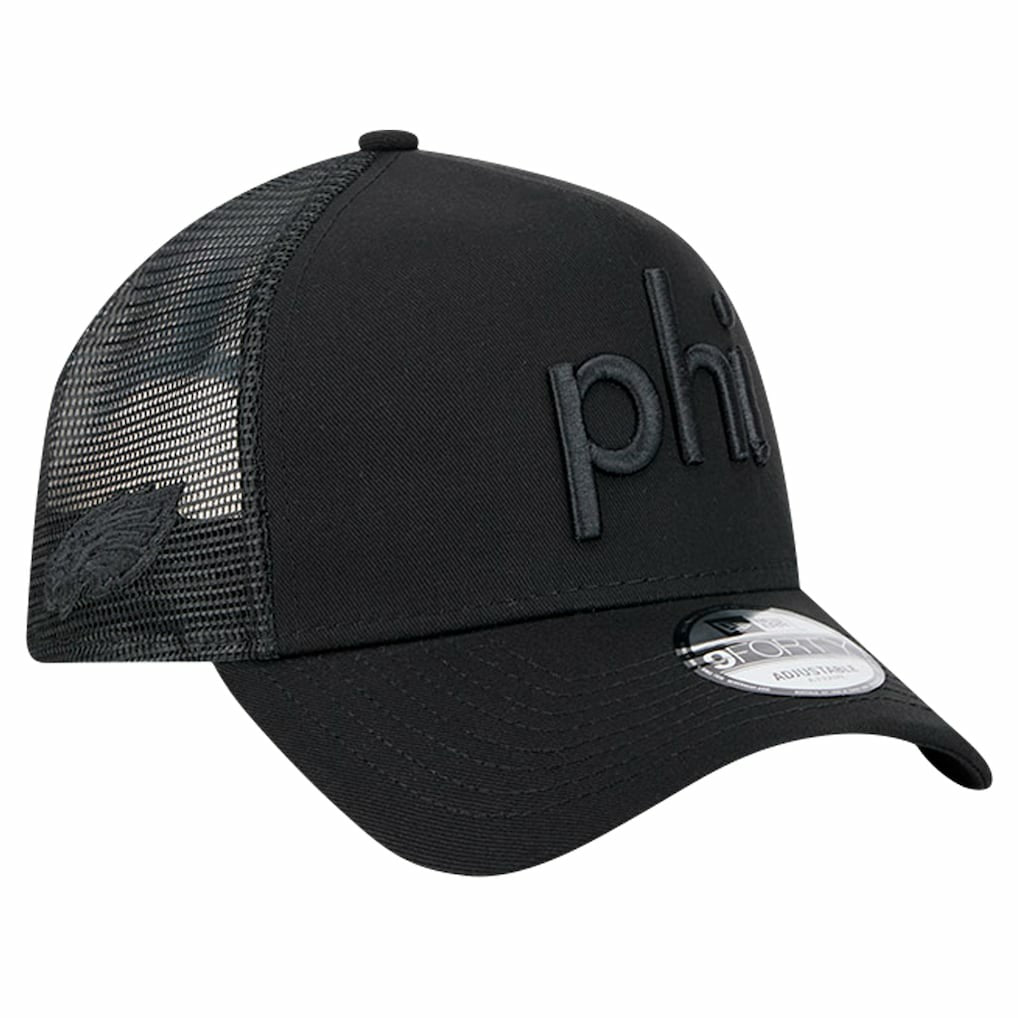 Philadelphia Eagles New Era Domain 9FORTY A-Frame Trucker Adjustable Hat Black | NFL