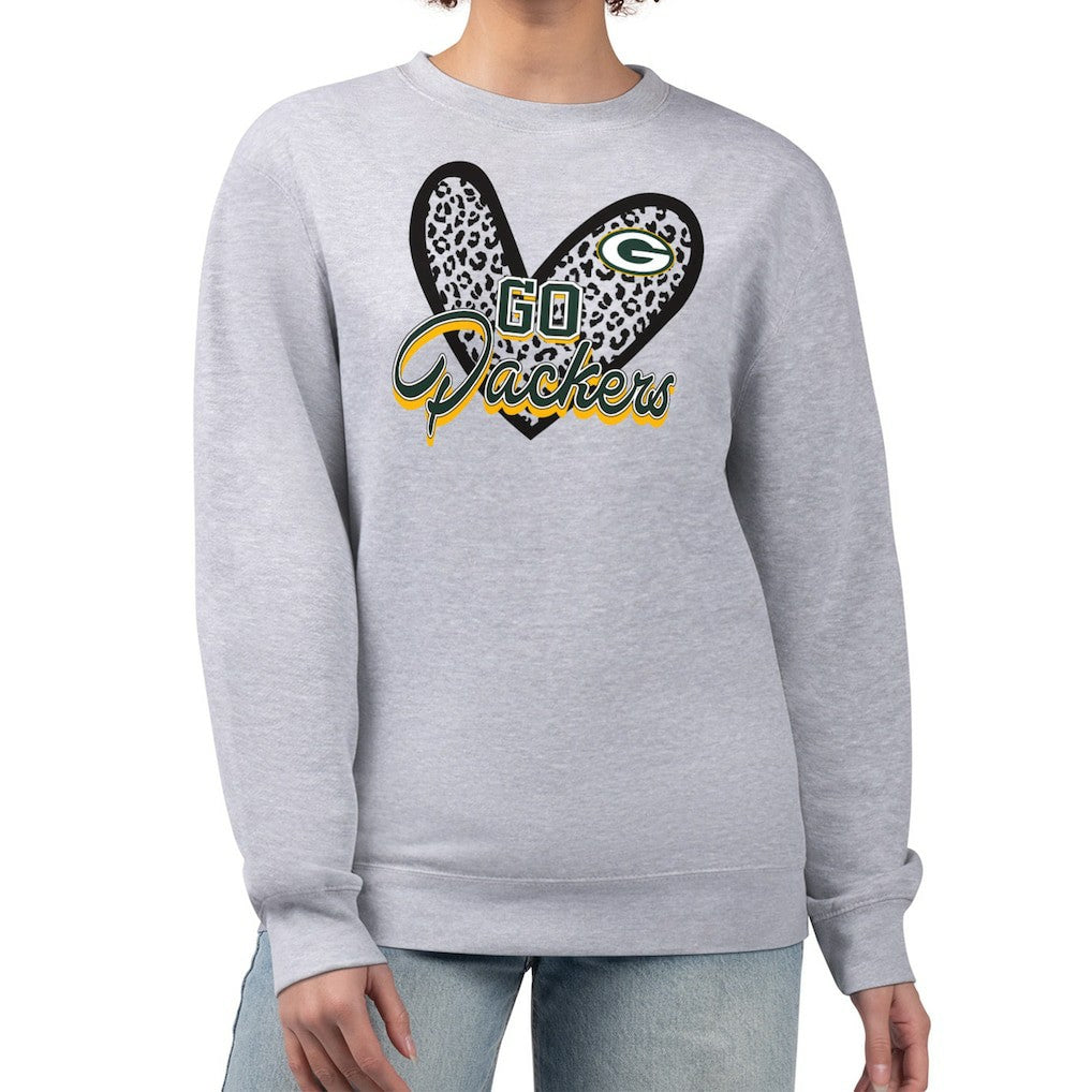 Green Bay Packers G-III 4Her by Carl Banks Women's Leopard Heart Pullover Sweatshirt Heather Gray | NFL