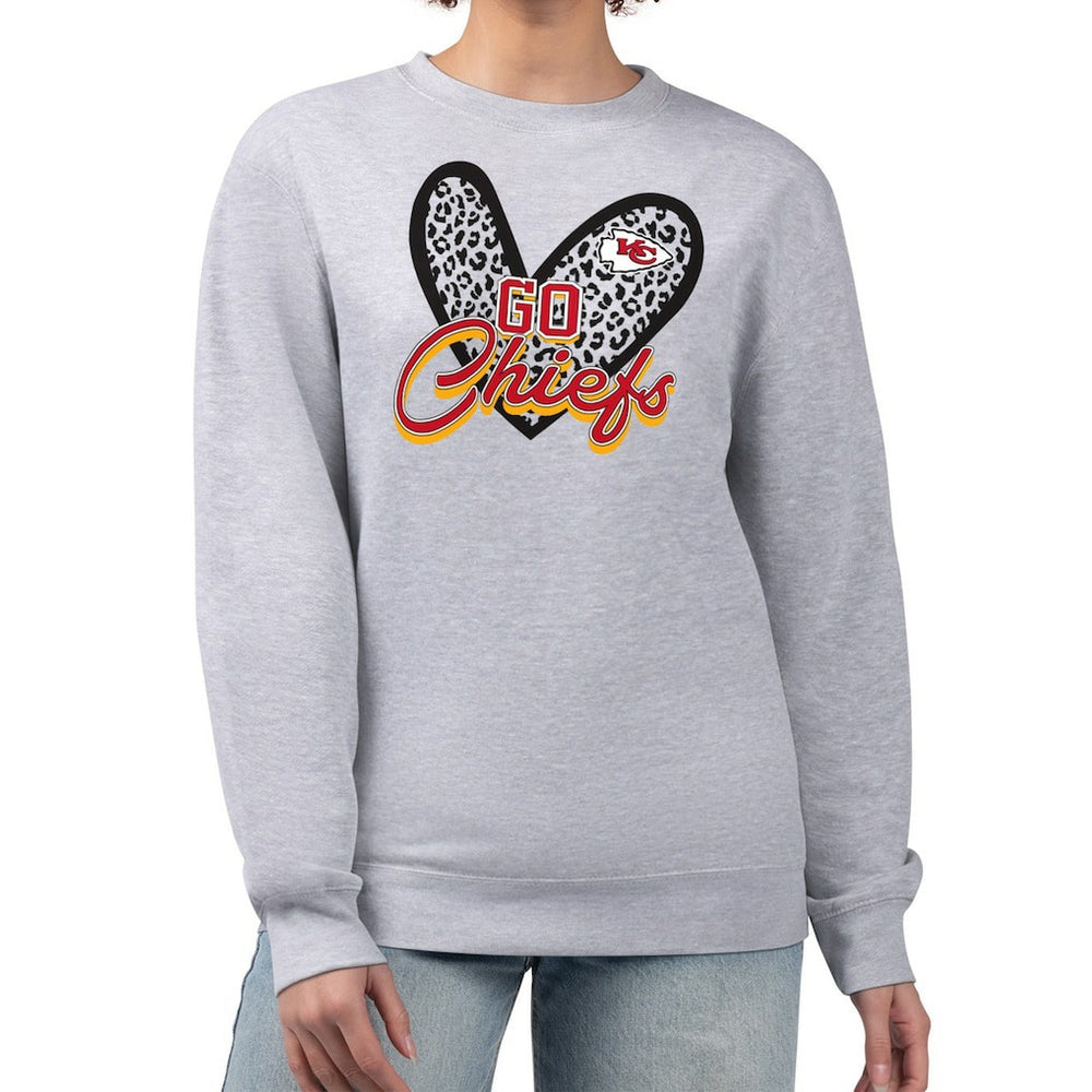 Kansas City Chiefs G-III 4Her by Carl Banks Women's Leopard Heart Pullover Sweatshirt Heather Gray | NFL