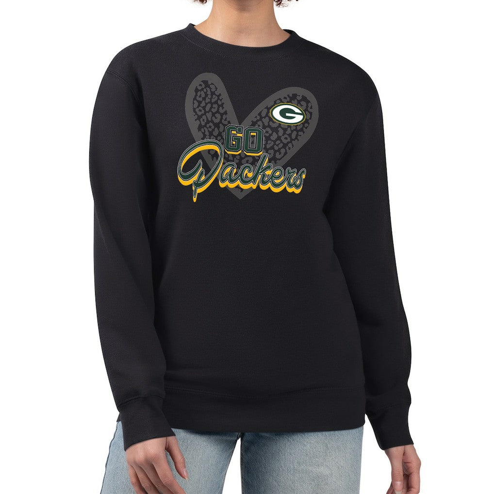 Green Bay Packers G-III 4Her by Carl Banks Women's Leopard Heart Pullover Sweatshirt Black | NFL