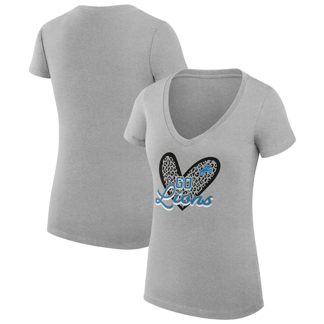 Detroit Lions G-III 4Her by Carl Banks Women's Super-Slim Fit Lightweight Leopard Heart V-Neck T-Shirt Heather Gray | NFL