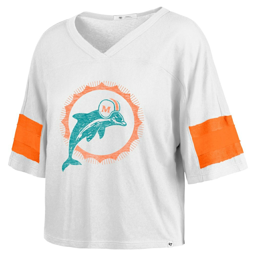 Miami Dolphins '47 Women's Double Header Scout Cropped V-Neck T-Shirt White | 47 brand