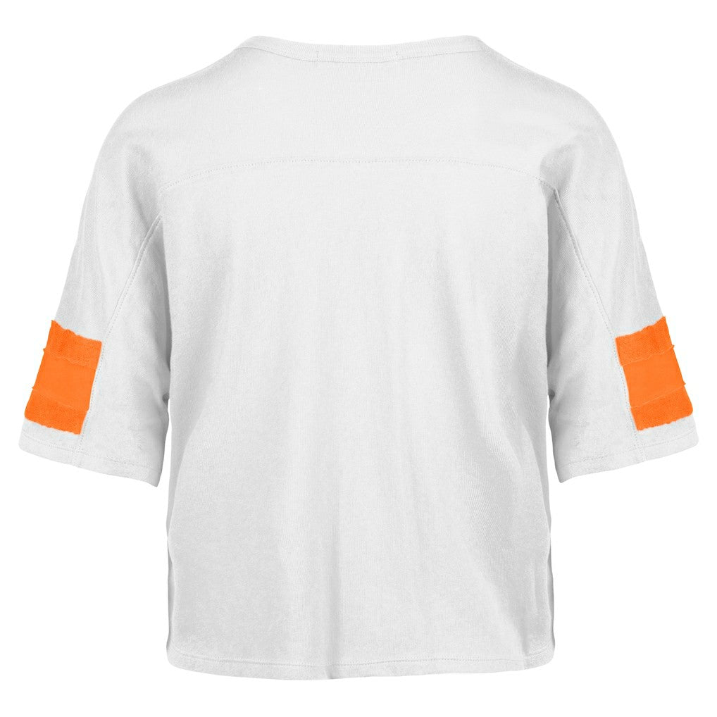 Miami Dolphins '47 Women's Double Header Scout Cropped V-Neck T-Shirt White | 47 brand