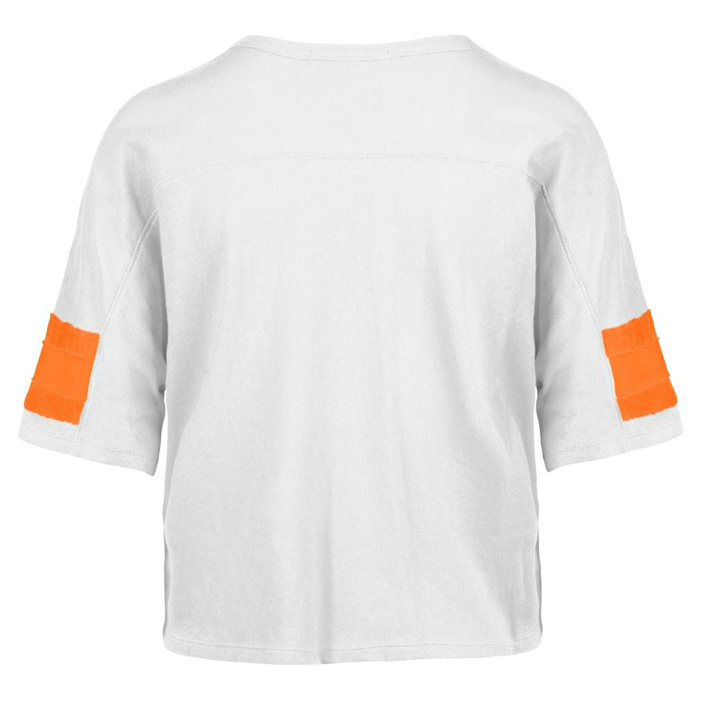 Miami Dolphins '47 Women's Double Header Scout Cropped V-Neck T-Shirt White | 47 brand