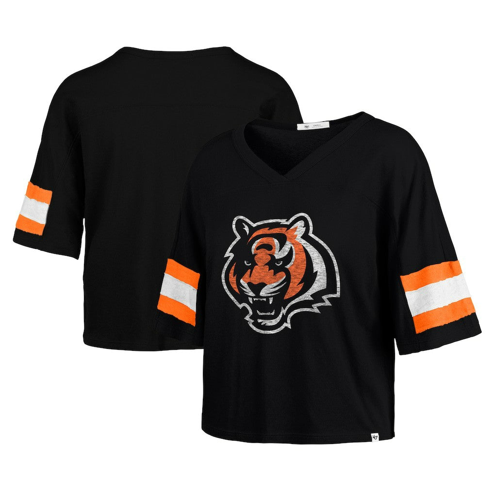 Cincinnati Bengals '47 Women's Double Header Scout Cropped V-Neck T-Shirt Black | 47 brand