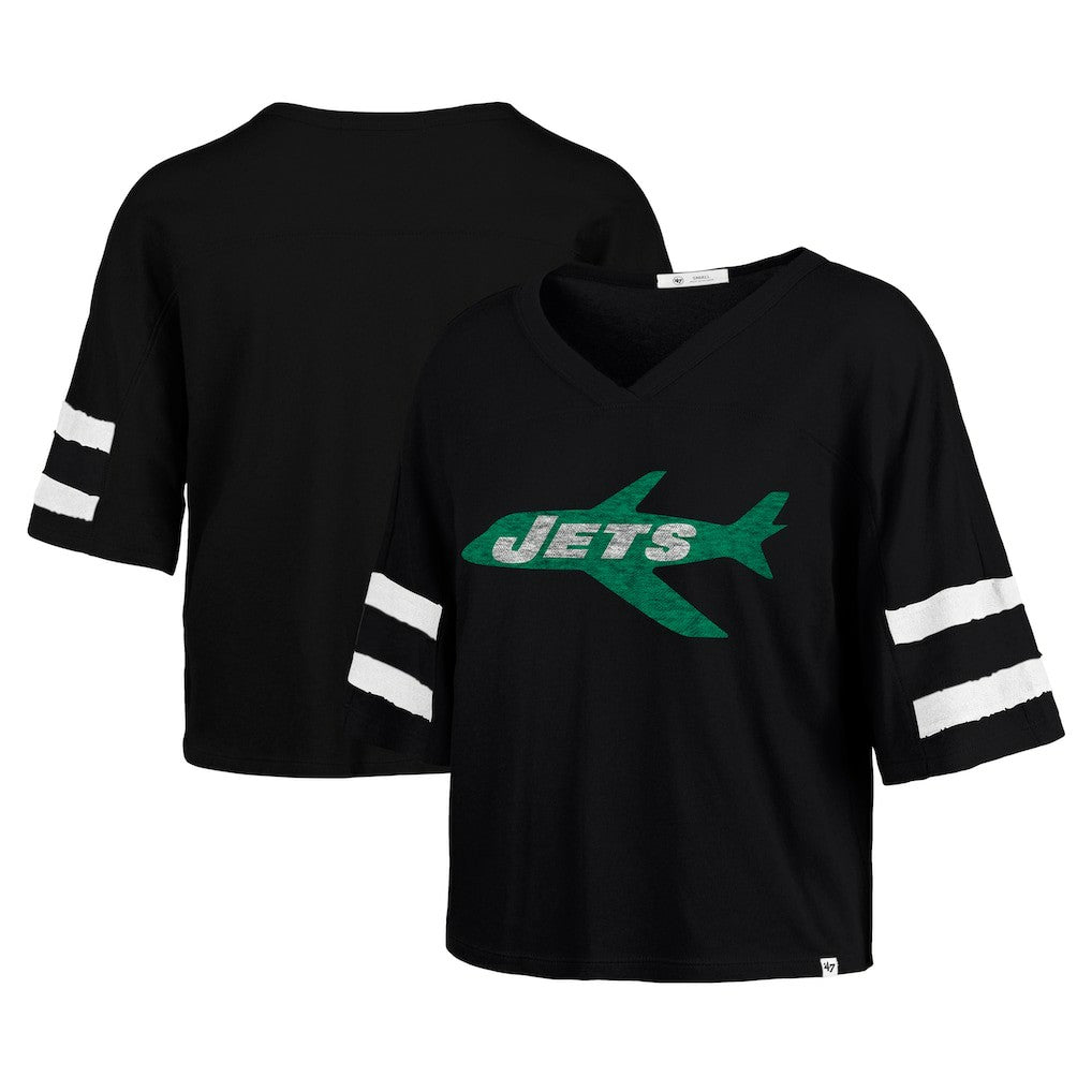 New York Jets '47 Women's Double Header Scout Cropped V-Neck T-Shirt Black | 47 brand