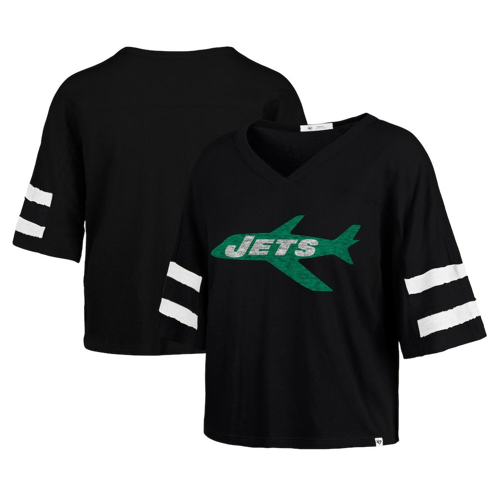 New York Jets '47 Women's Double Header Scout Cropped V-Neck T-Shirt Black | 47 brand