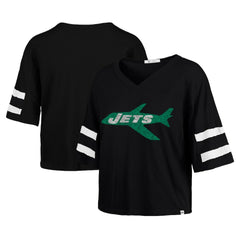 New York Jets '47 Women's Double Header Scout Cropped V-Neck T-Shirt Black | 47 brand