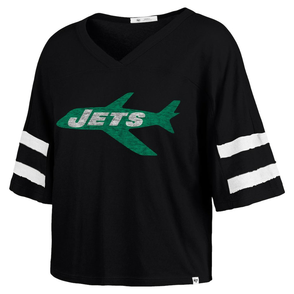 New York Jets '47 Women's Double Header Scout Cropped V-Neck T-Shirt Black | 47 brand