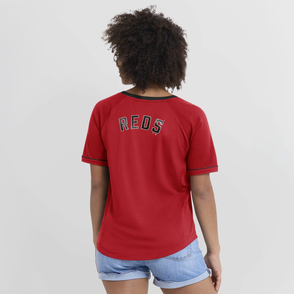 Cincinnati Reds Fanatics Women's Cooperstown Collection League Diva Raglan V-Neck T-Shirt - MLB