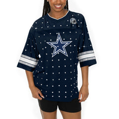 Dallas Cowboys Gameday Couture Women's Kickoff Time Allover Rhinestone Sports Stripe Jersey V-Neck T-Shirt Navy | NFL