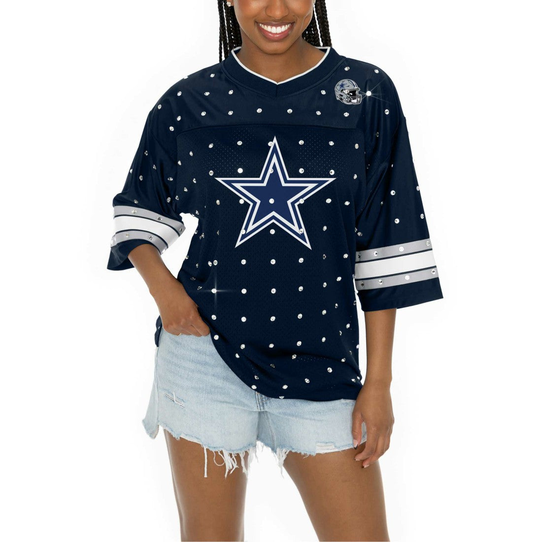 Dallas Cowboys Gameday Couture Women's Kickoff Time Allover Rhinestone Sports Stripe Jersey V-Neck T-Shirt Navy | NFL