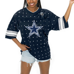 Dallas Cowboys Gameday Couture Women's Kickoff Time Allover Rhinestone Sports Stripe Jersey V-Neck T-Shirt Navy | NFL