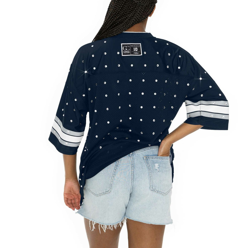 Dallas Cowboys Gameday Couture Women's Kickoff Time Allover Rhinestone Sports Stripe Jersey V-Neck T-Shirt Navy | NFL