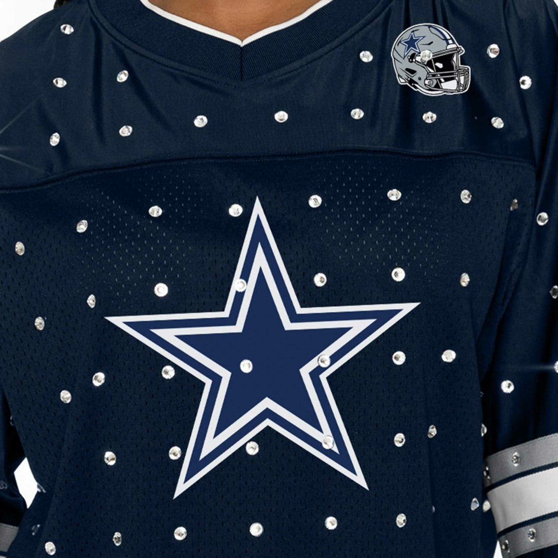 Dallas Cowboys Gameday Couture Women's Kickoff Time Allover Rhinestone Sports Stripe Jersey V-Neck T-Shirt Navy | NFL