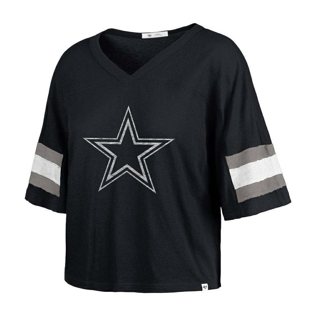 Dallas Cowboys '47 Women's Double Header Scout Cropped V-Neck T-Shirt Navy | 47 brand