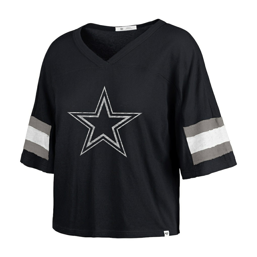 Dallas Cowboys '47 Women's Double Header Scout Cropped V-Neck T-Shirt Navy | 47 brand