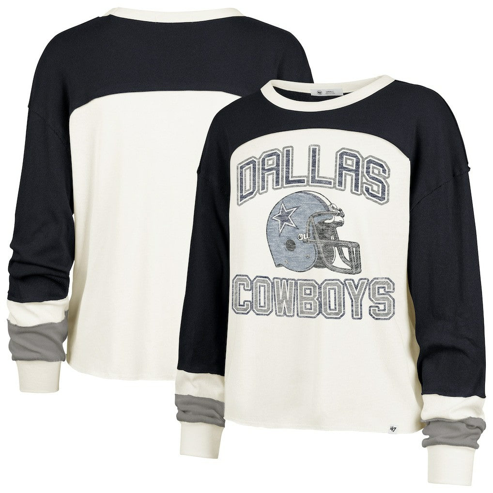 Dallas Cowboys '47 Women's Plus Size Double Header Curve Toni Long Sleeve T-Shirt Cream/Navy | 47 brand