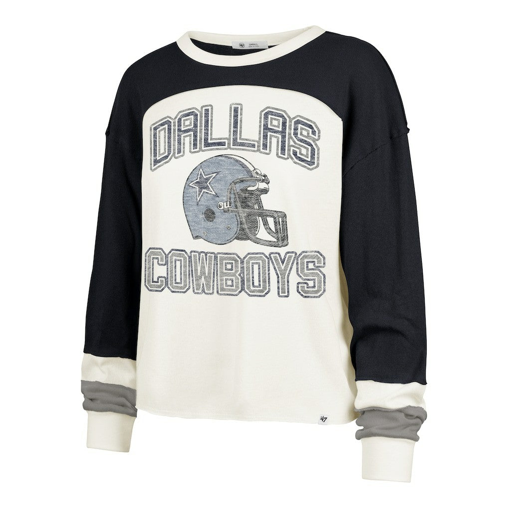 Dallas Cowboys '47 Women's Plus Size Double Header Curve Toni Long Sleeve T-Shirt Cream/Navy | 47 brand