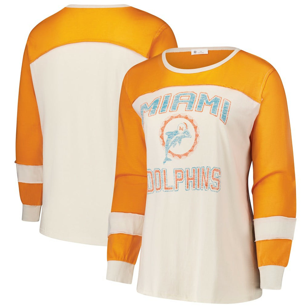 Miami Dolphins '47 Women's Plus Size Double Header Curve Toni Long Sleeve T-Shirt Cream/Orange | 47 brand