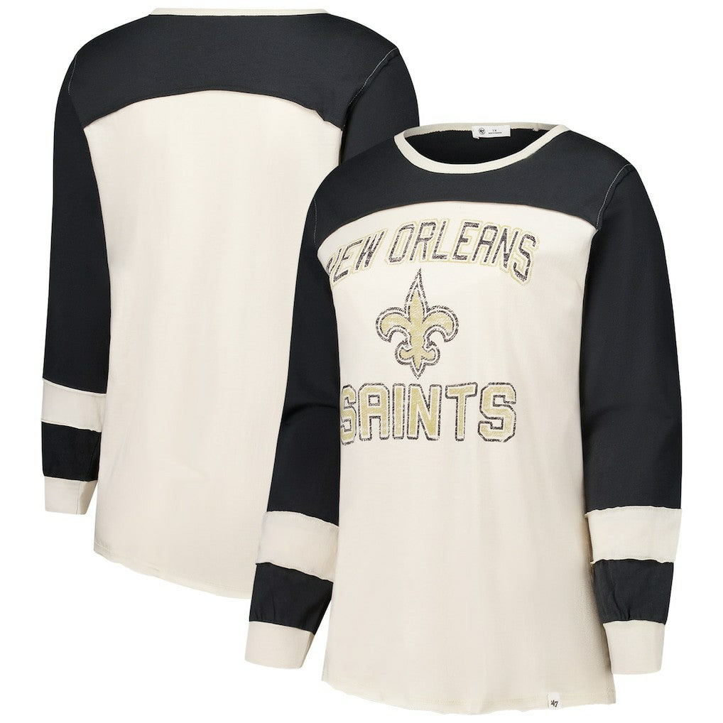 New Orleans Saints '47 Women's Plus Size Double Header Curve Toni Long Sleeve T-Shirt Cream/Black | 47 brand