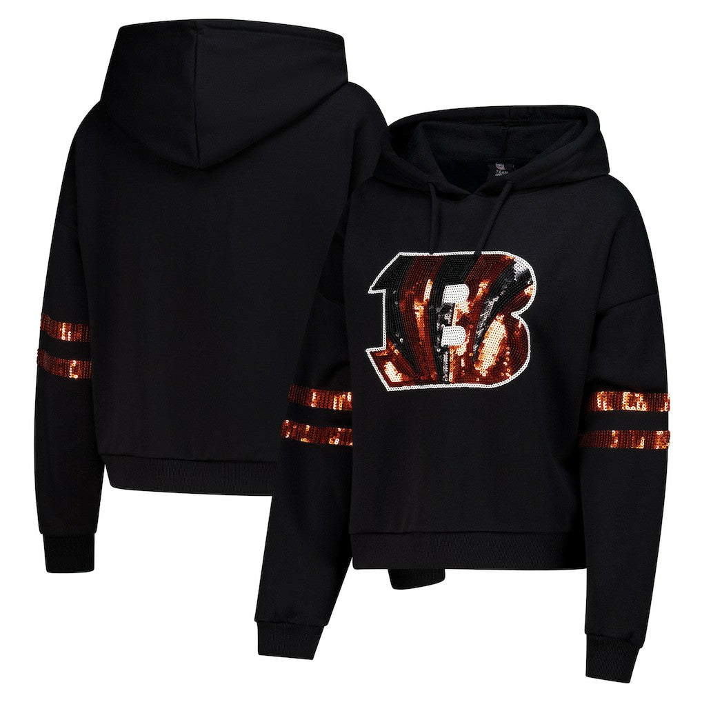 Cincinnati Bengals Cuce Women's Cropped Sequins Pullover Hoodie Black | NFL