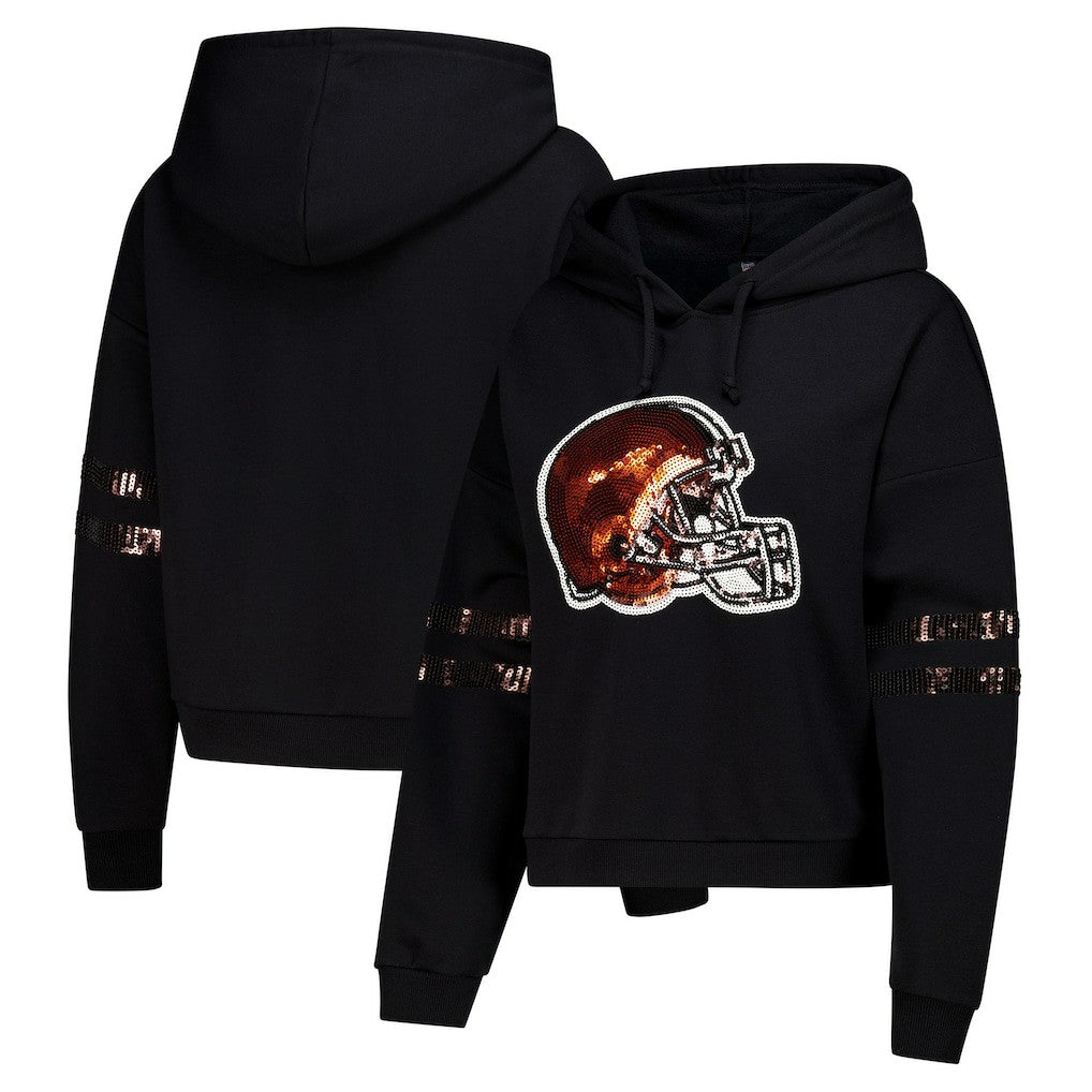 Cleveland Browns Cuce Women's Cropped Sequins Pullover Hoodie Black | NFL