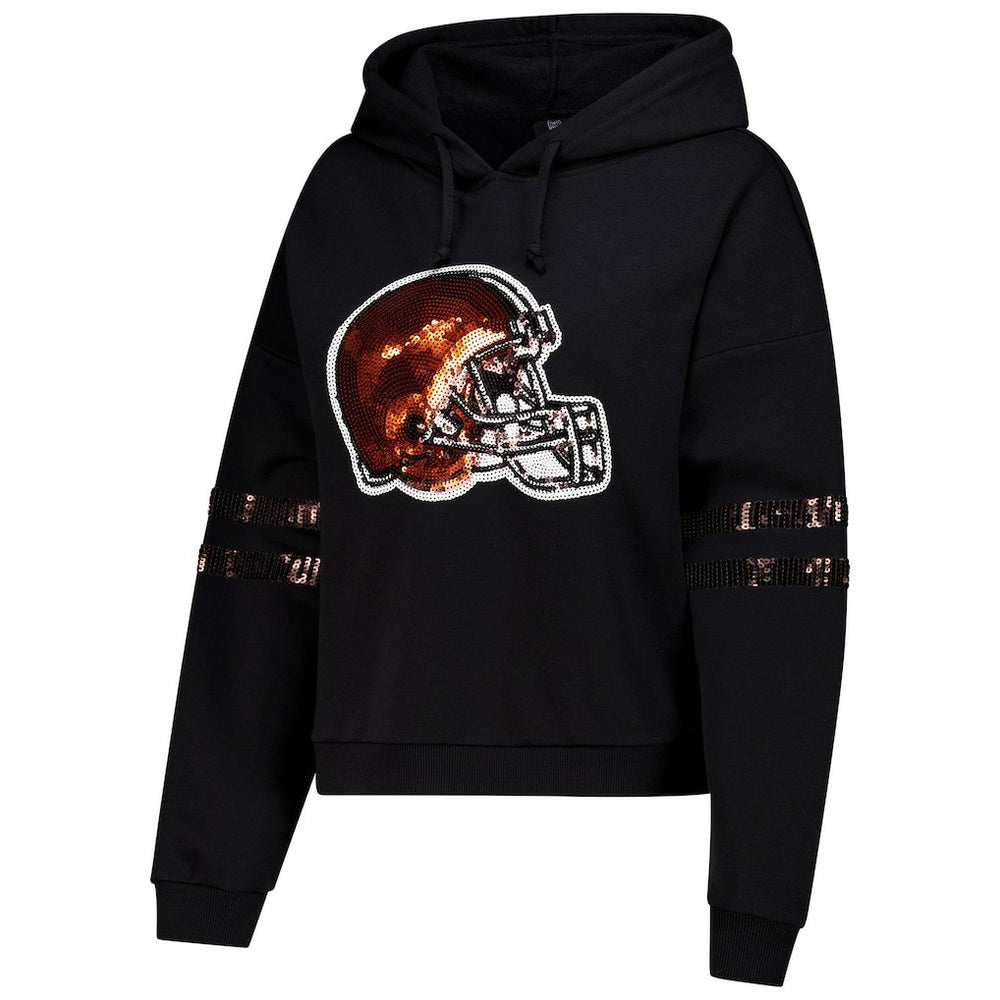 Cleveland Browns Cuce Women's Cropped Sequins Pullover Hoodie Black | NFL