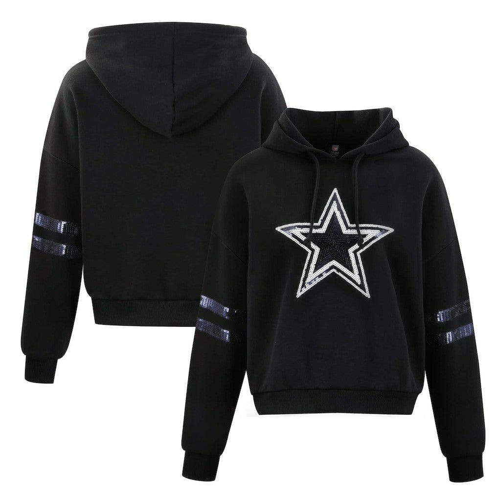 Dallas Cowboys Cuce Women's Cropped Sequins Pullover Hoodie Black | NFL