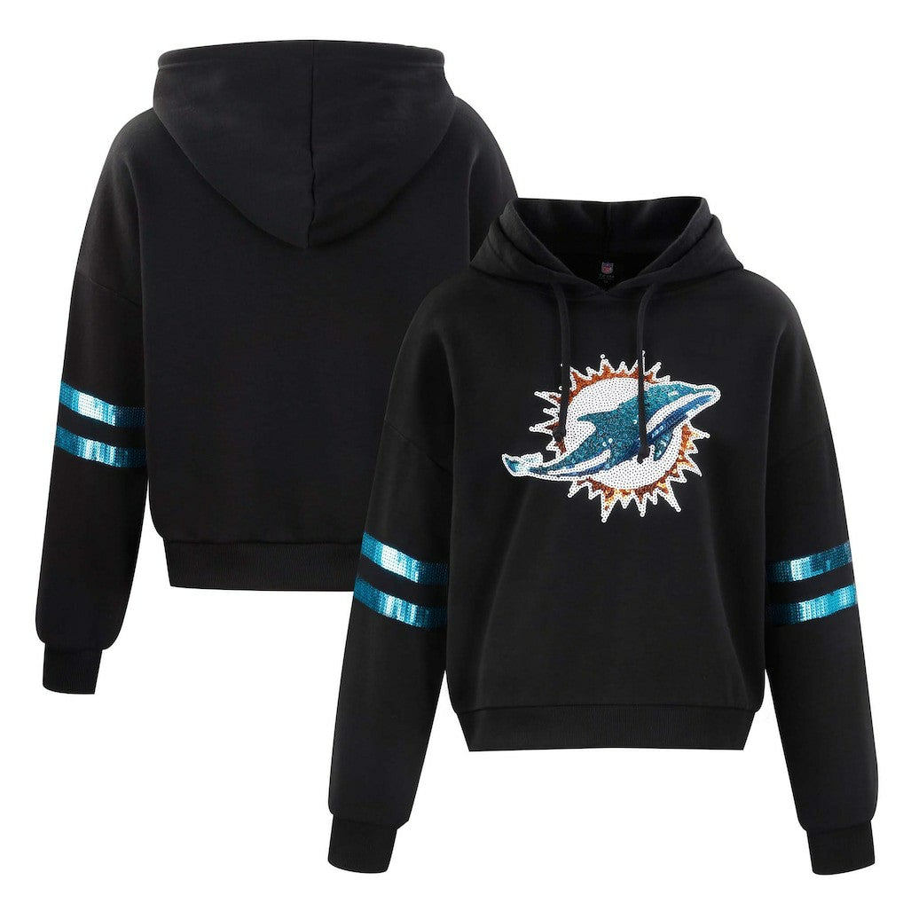Miami Dolphins Cuce Women's Cropped Sequins Pullover Hoodie Black | NFL