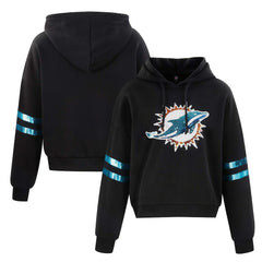 Miami Dolphins Cuce Women's Cropped Sequins Pullover Hoodie Black | NFL