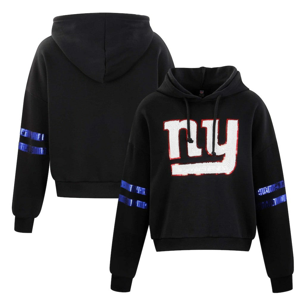 New York Giants Cuce Women's Cropped Sequins Pullover Hoodie Black | NFL