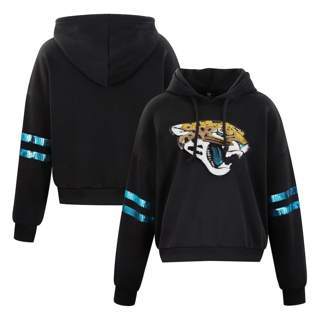 Jacksonville Jaguars Cuce Women's Cropped Sequins Pullover Hoodie Black | NFL