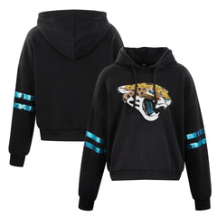 Jacksonville Jaguars Cuce Women's Cropped Sequins Pullover Hoodie Black | NFL