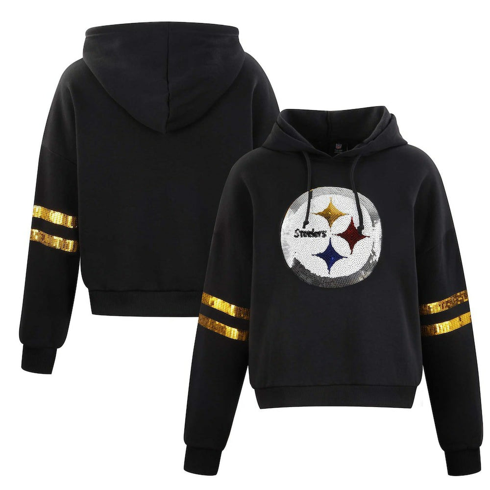 Pittsburgh Steelers Cuce Women's Cropped Sequins Pullover Hoodie Black | NFL