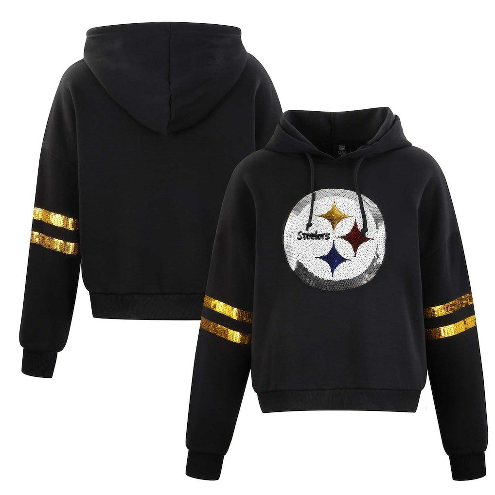 Pittsburgh Steelers Cuce Women's Cropped Sequins Pullover Hoodie Black | NFL