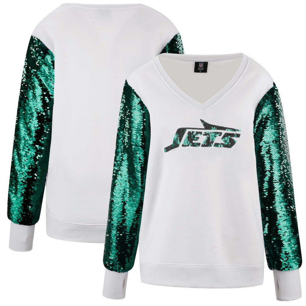 New York Jets Cuce Women's Sequin Sleeve V-Neck Pullover Sweatshirt- White | NFL