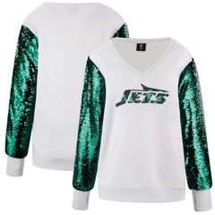 New York Jets Cuce Women's Sequin Sleeve V-Neck Pullover Sweatshirt- White | NFL