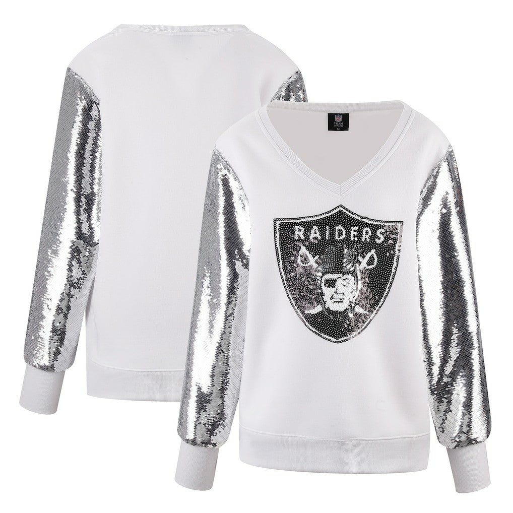Las Vegas Raiders Cuce Women's Sequin Sleeve V-Neck Pullover Sweatshirt- White | NFL