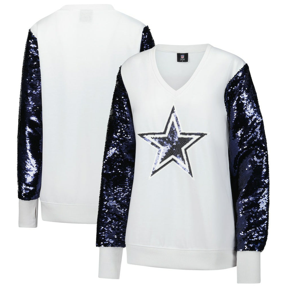 Dallas Cowboys Cuce Women's Sequin Sleeve V-Neck Pullover Sweatshirt- White | NFL