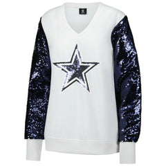 Dallas Cowboys Cuce Women's Sequin Sleeve V-Neck Pullover Sweatshirt- White | NFL