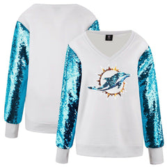 Miami Dolphins Cuce Women's Sequin Sleeve V-Neck Pullover Sweatshirt- White | NFL