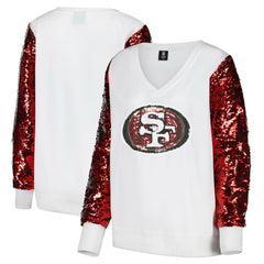 San Francisco 49ers Cuce Women's Sequin Sleeve V-Neck Pullover Sweatshirt- White | NFL