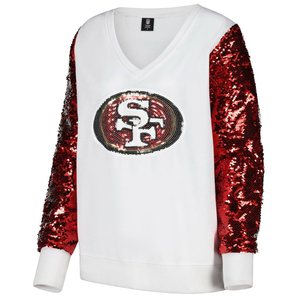 San Francisco 49ers Cuce Women's Sequin Sleeve V-Neck Pullover Sweatshirt- White | NFL