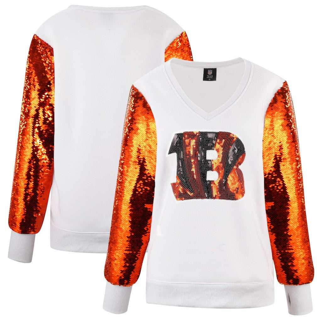 Cincinnati Bengals Cuce Women's Sequin Sleeve V-Neck Pullover Sweatshirt- White | NFL