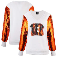 Cincinnati Bengals Cuce Women's Sequin Sleeve V-Neck Pullover Sweatshirt- White | NFL